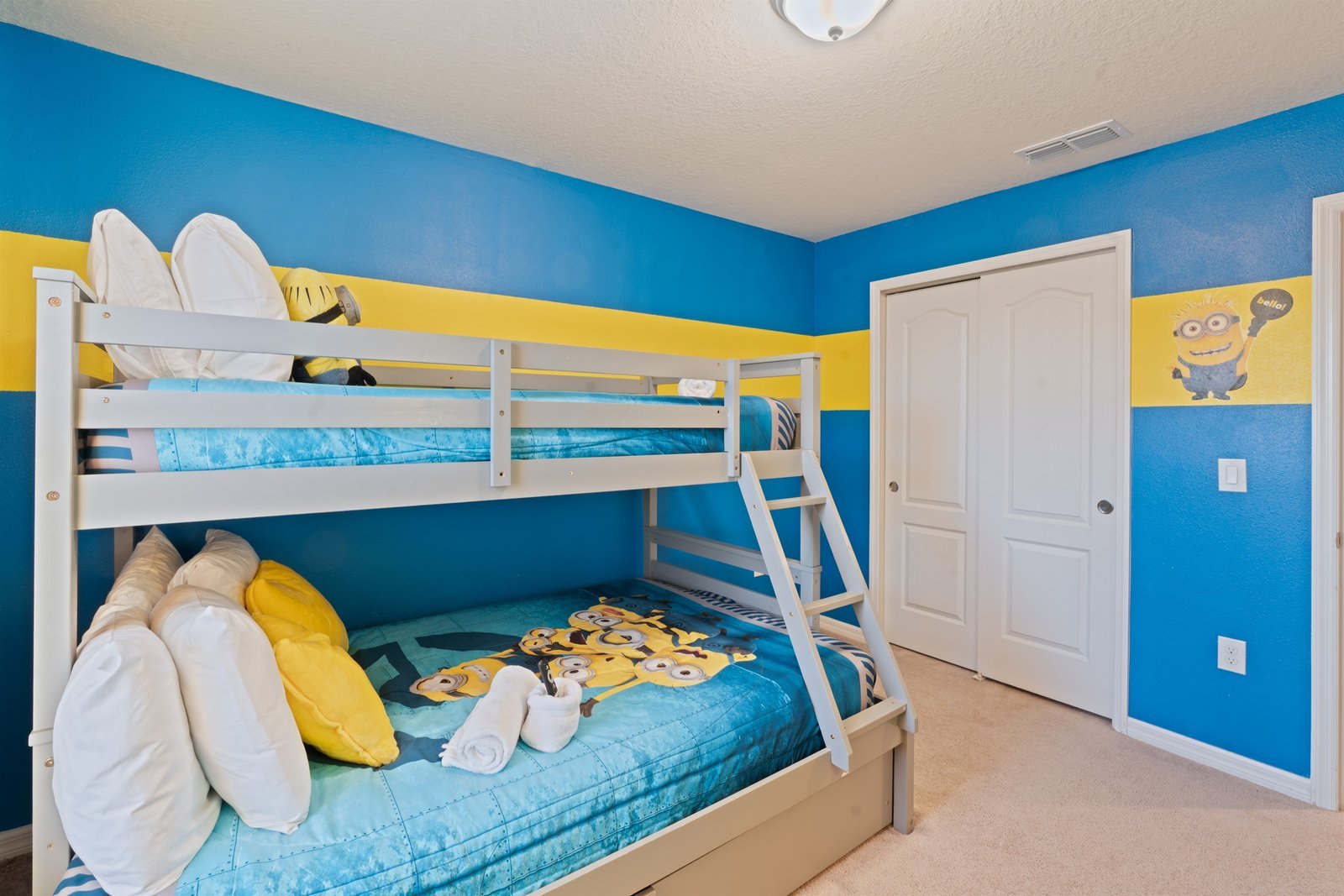 Minion themed room with bunk bed sleeping up to 3 children and smart TV