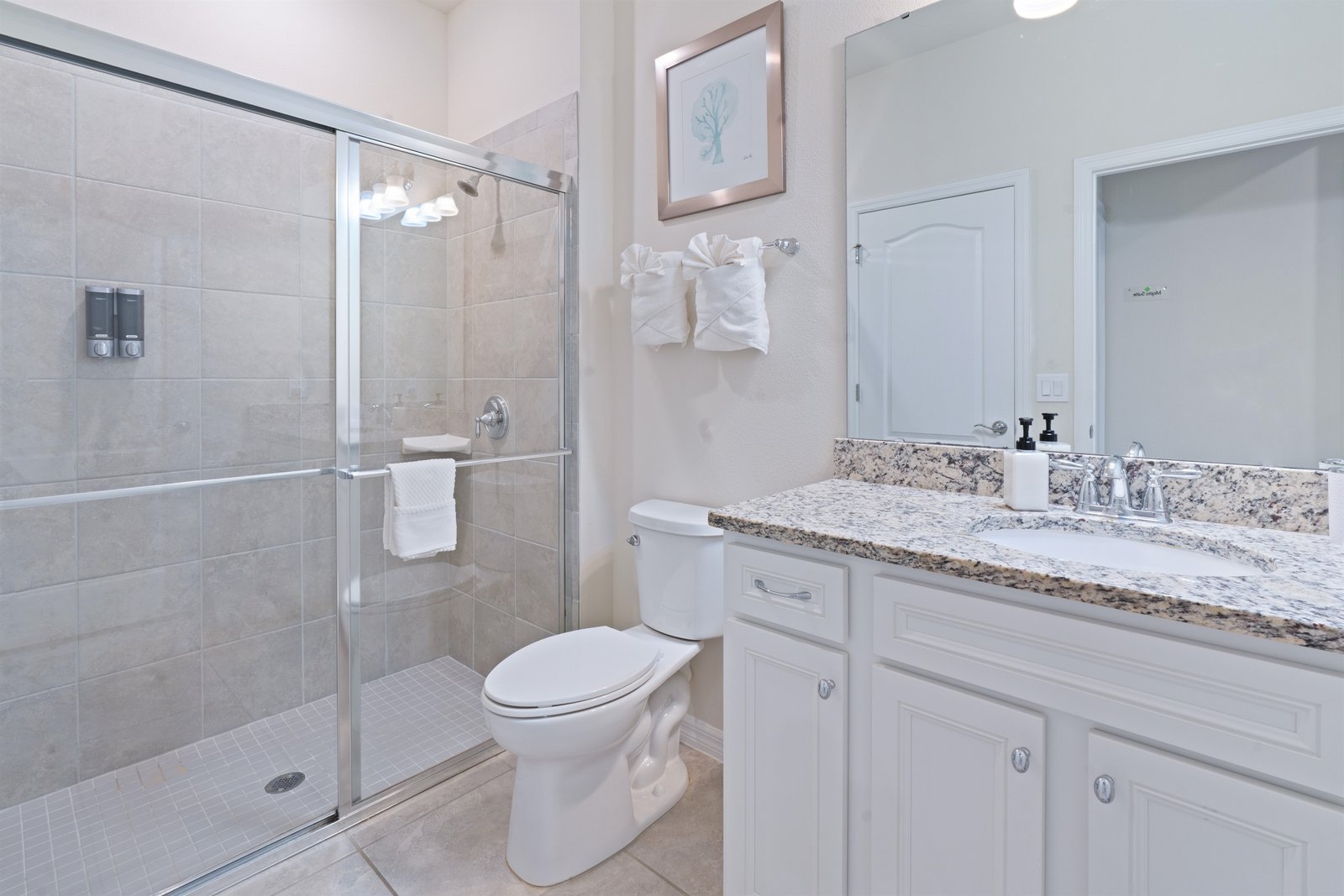 Downstairs ensuite bathroom with toiletries and hairdryer